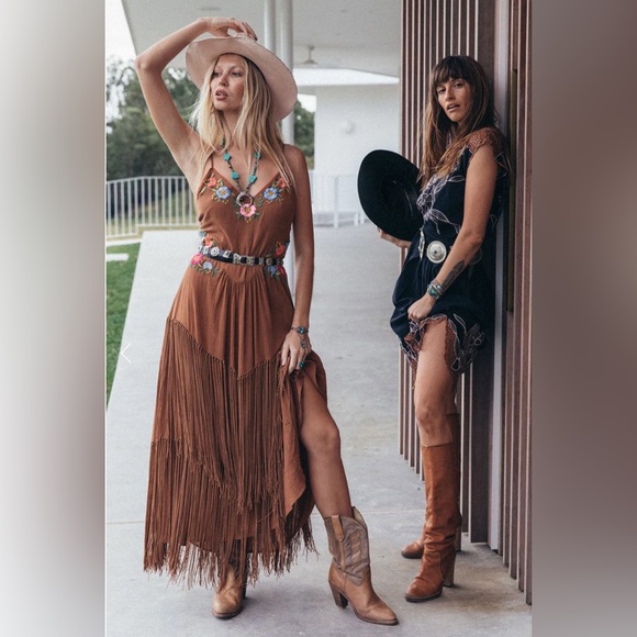 Chasing Unicorns Dresses & Skirts - CHASING UNICORNS Strappy Fringe Western Bohemian maxi dress